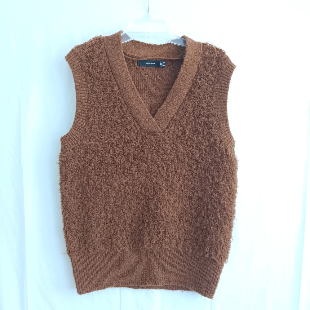 Vero Moda Sweater Vest Womens S Brown Excellent V-Neck Fuzzy Textured Knit